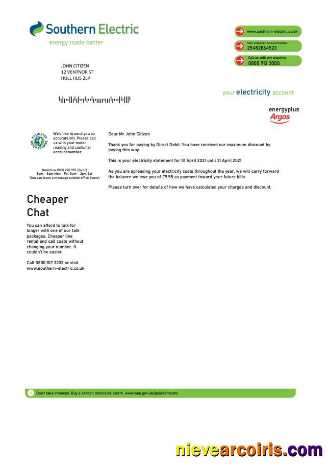 United Kingdom Southern Electric proof of address utility bill